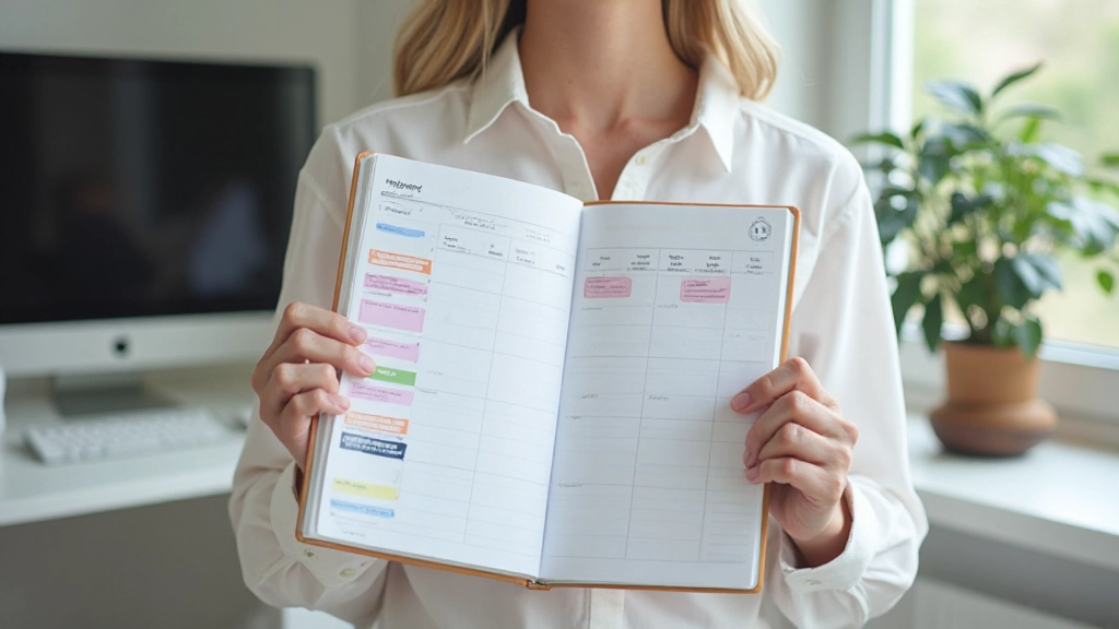 Minimalistische dagplanner met gekleurde markeringen en digitale klok, modern werkruimte