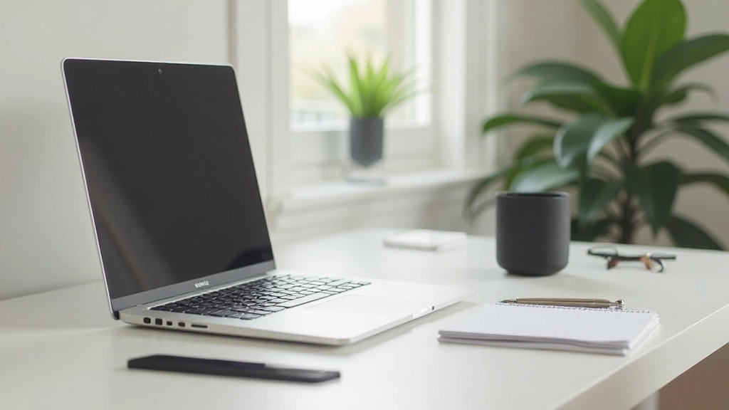 Minimalistisch bureau setup met laptop, notitieblok en plant op de achtergrond