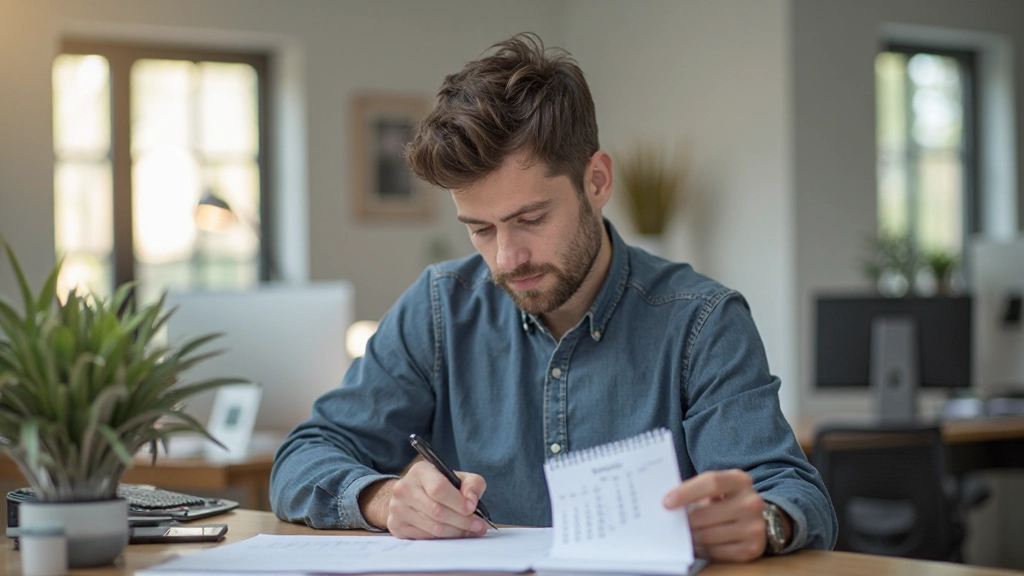 Persoon werkend aan bureau met geplande kalender, geconcentreerd op taak, schone werkruimte met natuurlijk licht