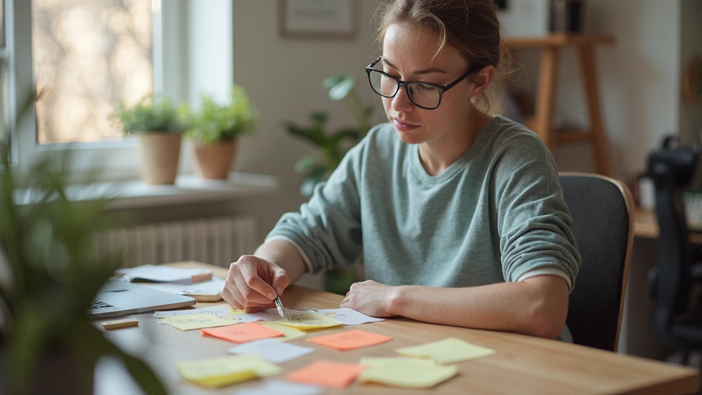 Persoon die taken organiseert met behulp van een fysieke matrix op papier, met kleurrijke markeringen en aantekeningen