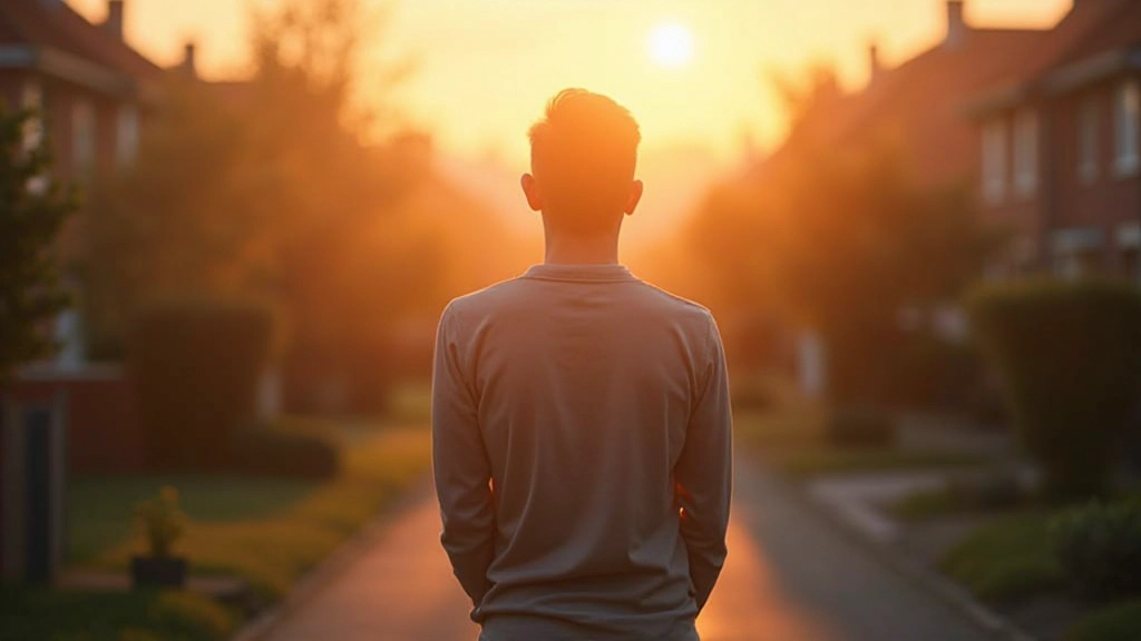 Zonsopgang boven huizen in woonwijk met warm morgenlicht dat door ramen schijnt