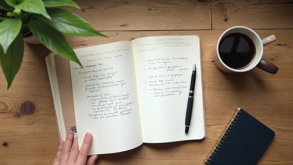 Houten bureau met open notitieboek, pen en koffiekopje in natuurlijk licht