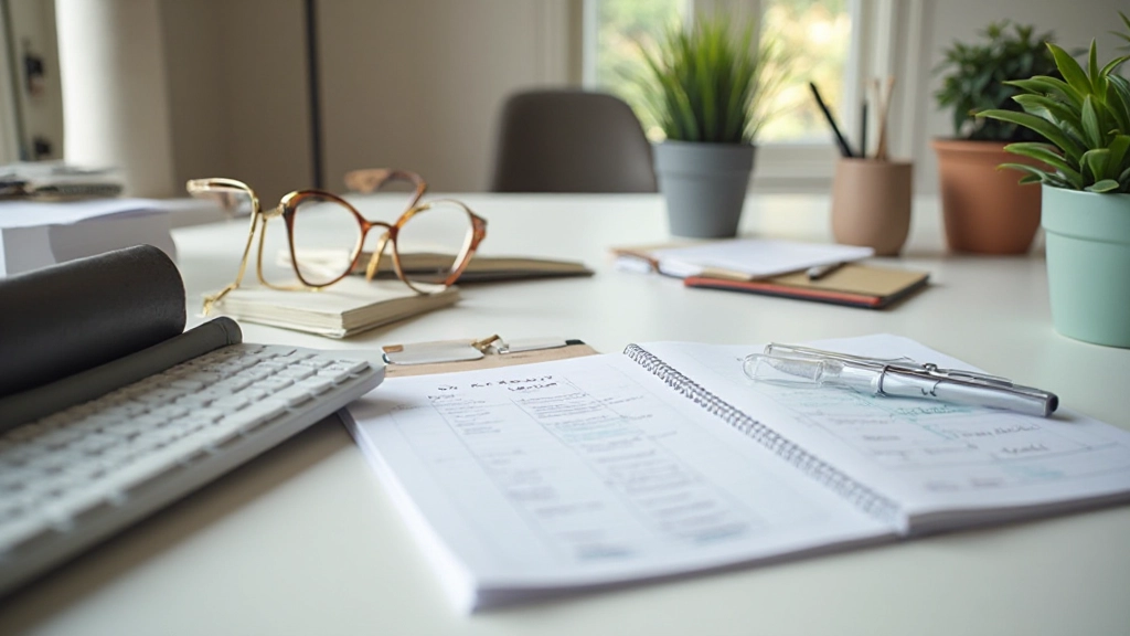 Rustig werkbureau met een notitieboek en organisatiesysteem, natuurlijke daglicht, schone werkruimte